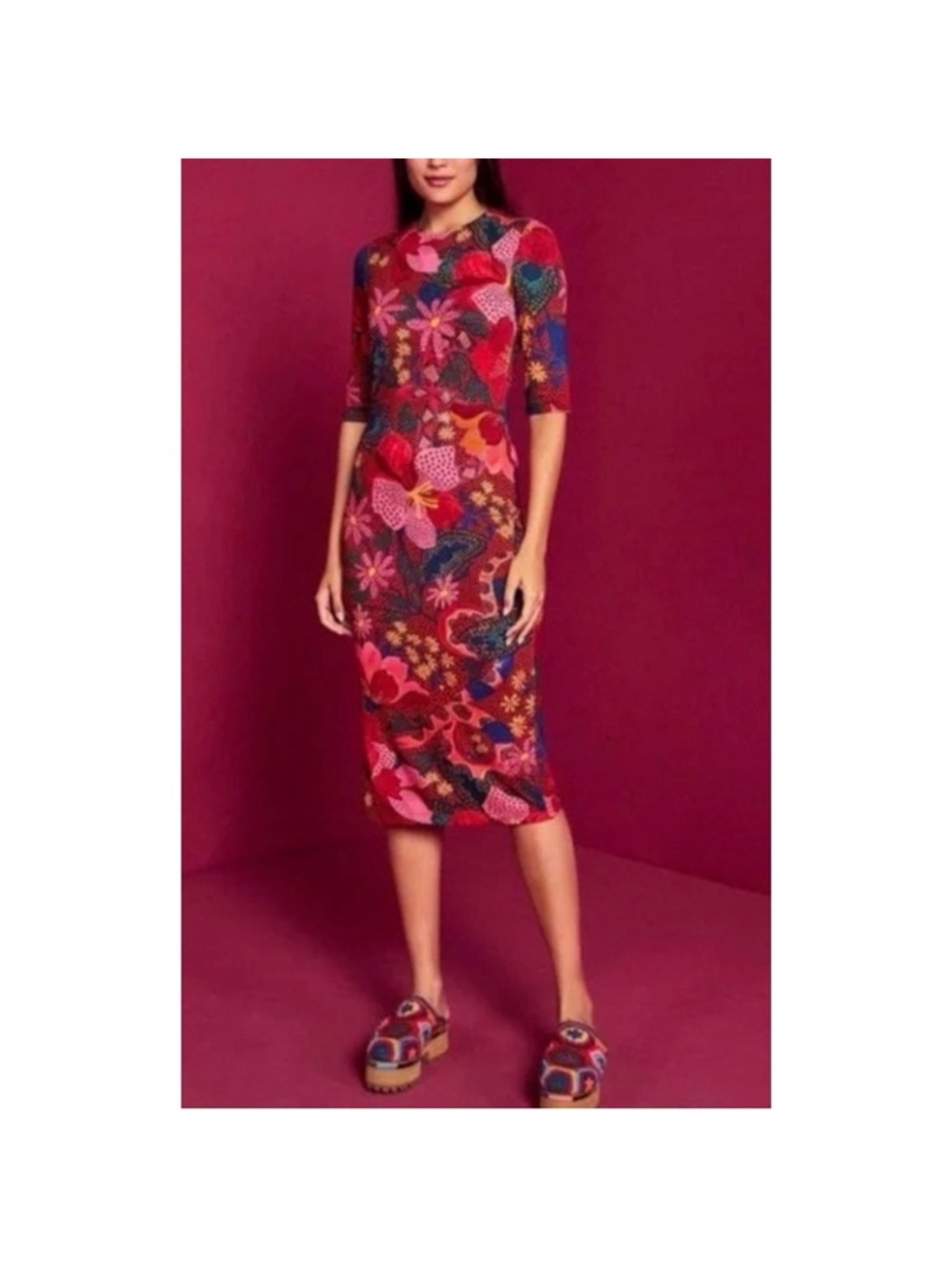 FARM Rio Red Multi Floral Midi Dress